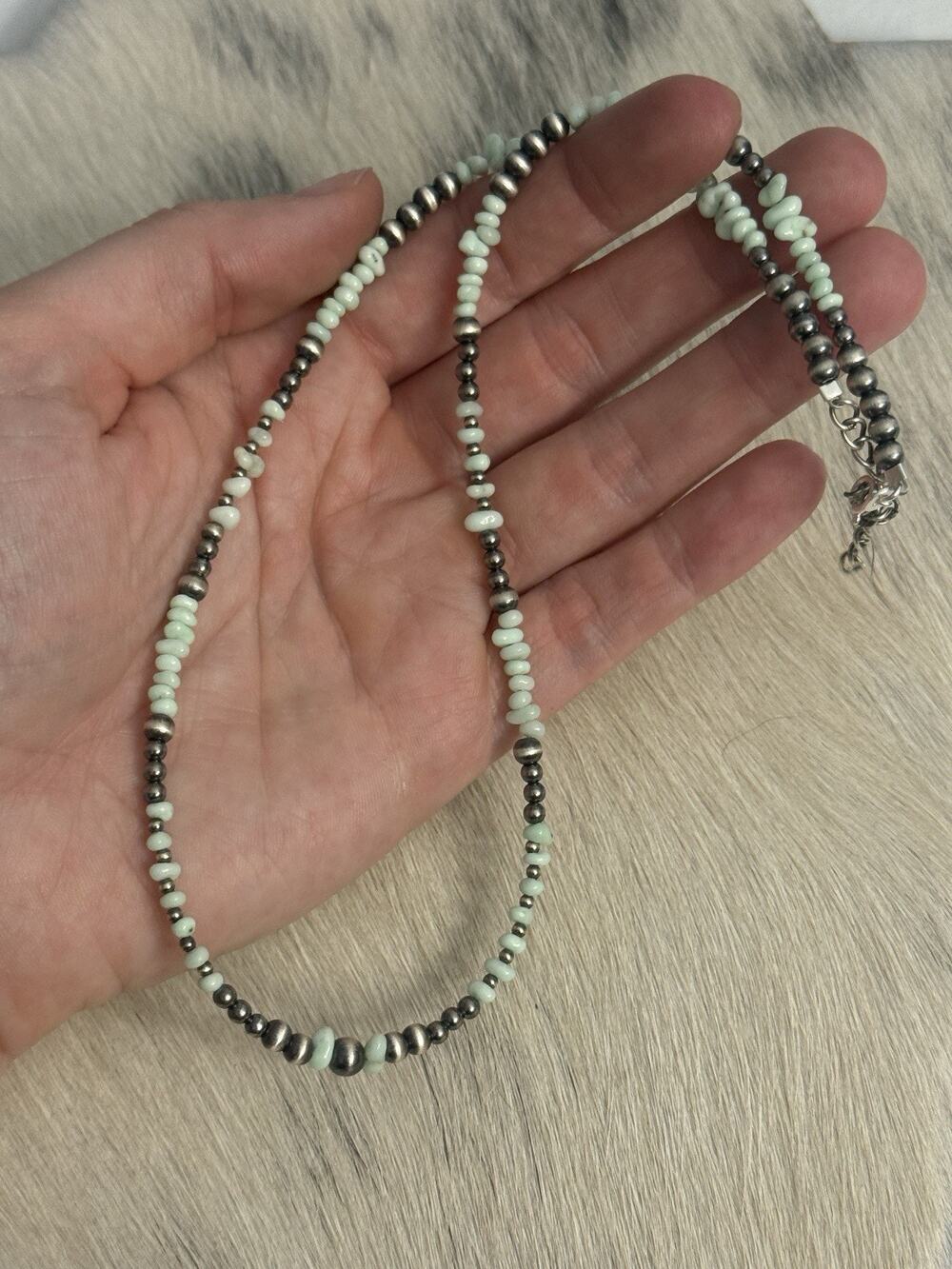 Sterling Silver Mint Green Paloma Turquoise Chips Navajo Pearl Necklace 18-19.5”